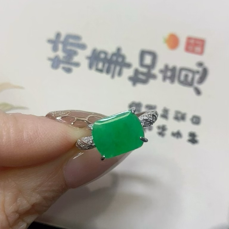 0096号天然缅甸翡翠a货冰种甜阳绿公主方925纯银活口戒指一图一物
