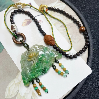 0680号新中式国风天然缅甸翡翠a货腾冲老料三彩阳绿凤穿牡丹项链