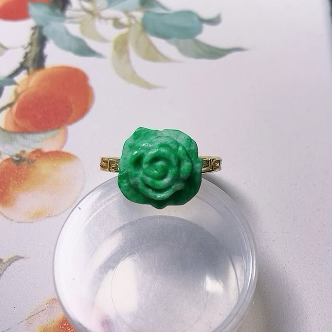 1329号天然缅甸翡翠a货糯种阳绿花花银镀金开口戒指一图一物