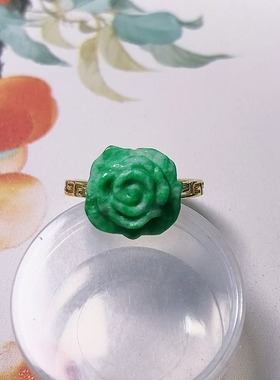 1329号天然缅甸翡翠a货糯种阳绿花花银镀金开口戒指一图一物