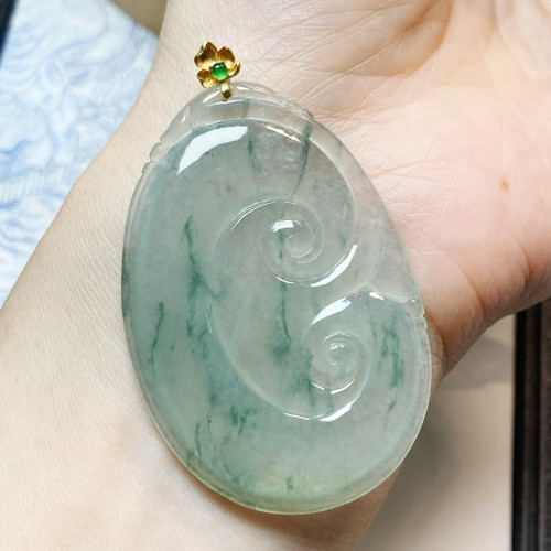 2402号天然缅甸翡翠a货18k冰种飘花大如意吊坠一图一物