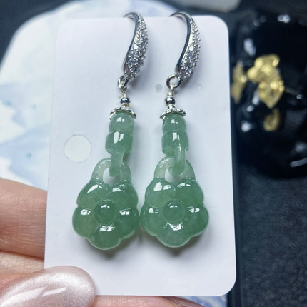 0515号925纯银天然缅甸翡翠a货冰种晴绿立体链雕花花耳勾一图一物