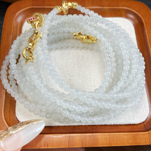 6019号天然缅甸翡翠a货纯白冰进高冰小圆珠长链四条货头各自证书