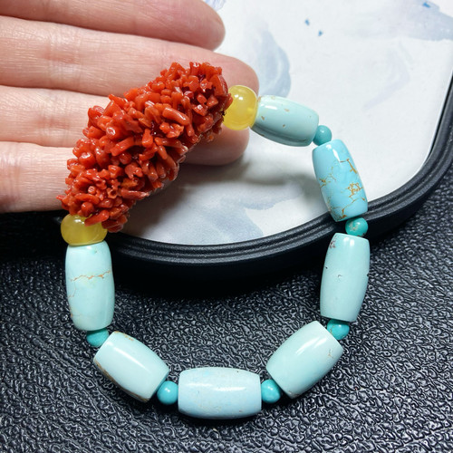 天然无优化湖北原矿绿松石手链配红秘密仿珊瑚单圈手链一图一物