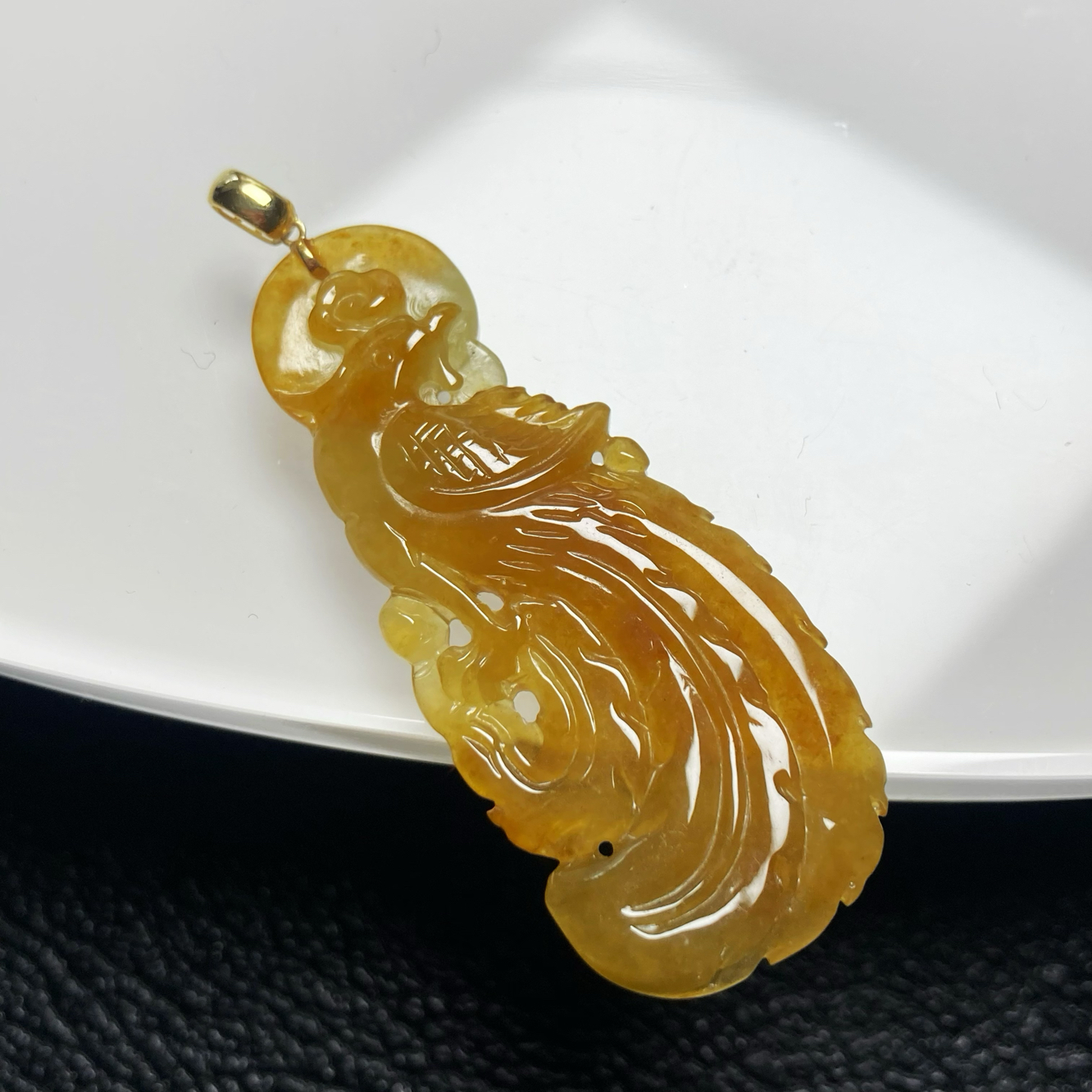 0084号18k黄金天然缅甸翡翠a货冰种焦糖黄翡凤凰吊坠一图一物