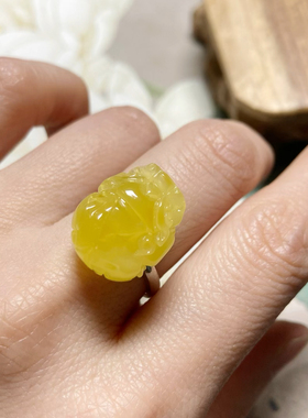 ML03016号天然无优化俄料蜜蜡满蜜貔貅纯银开口戒指一图一物