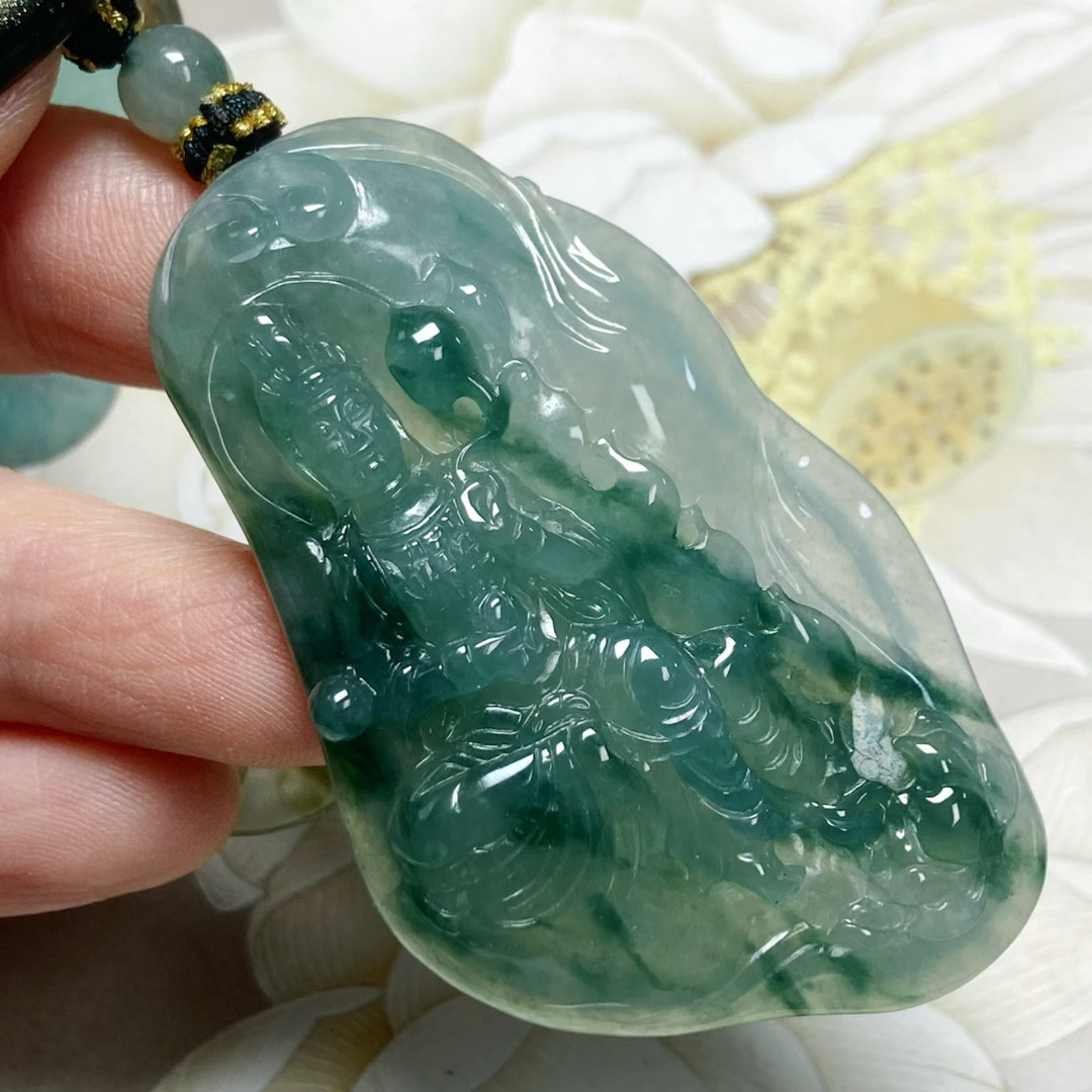 0508号天然缅甸翡翠a货冰胶飘绿花随形观音吊坠一图一物