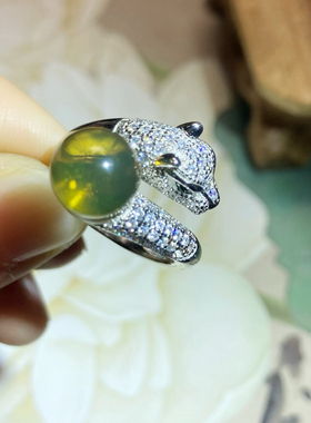 ML03018号天然无优化墨西哥蓝珀纯银豹头开口戒指一图一物