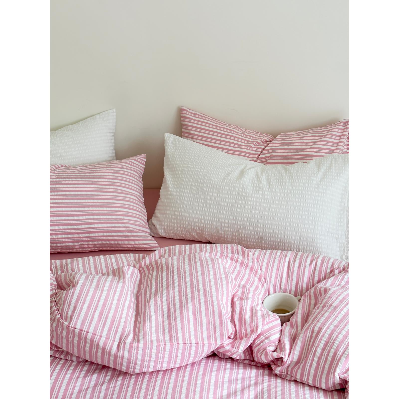 全棉色织泡泡纱四件套纯棉条纹法式黑白灰简约三件套床单被套床笠