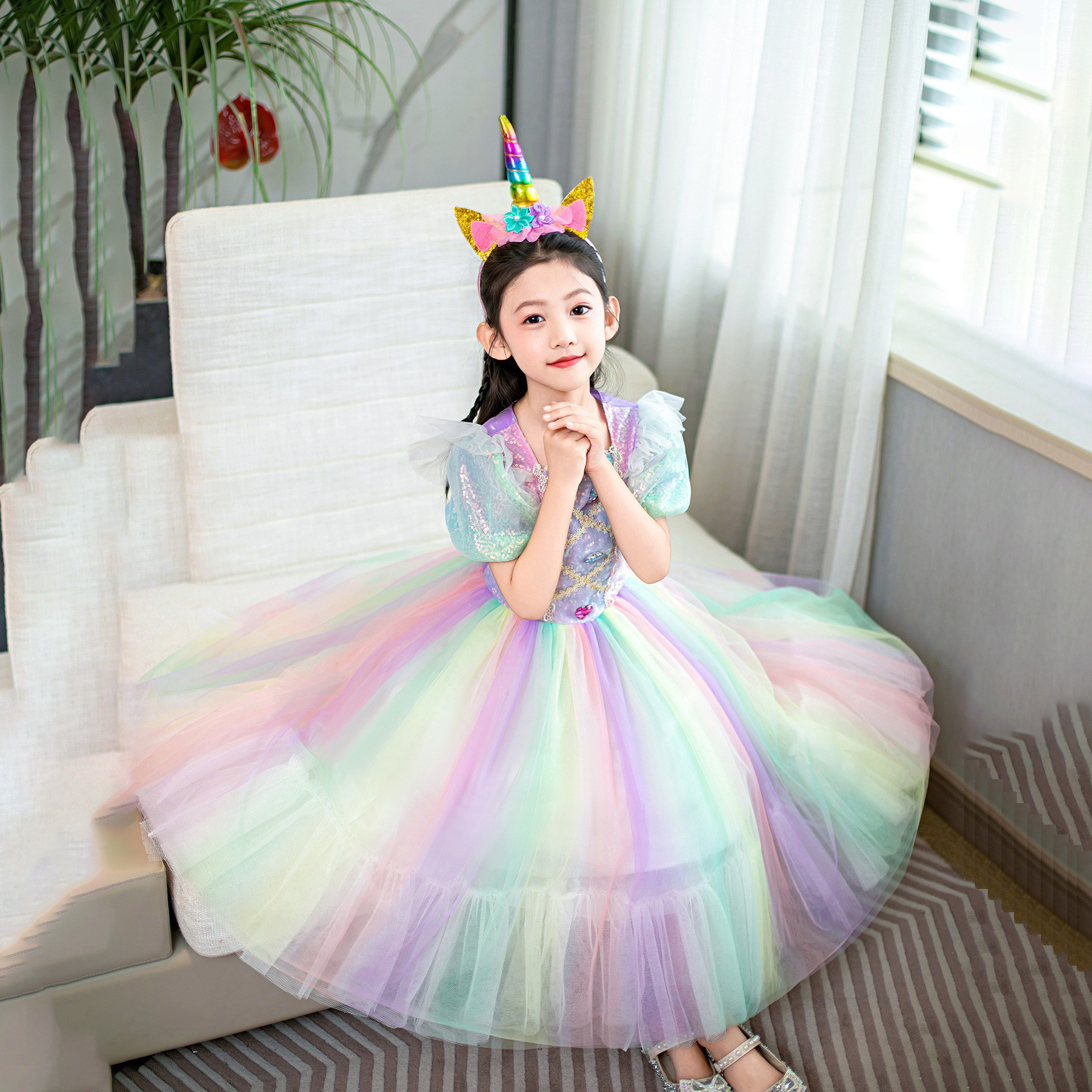 女童独角兽彩虹生日礼服裙
