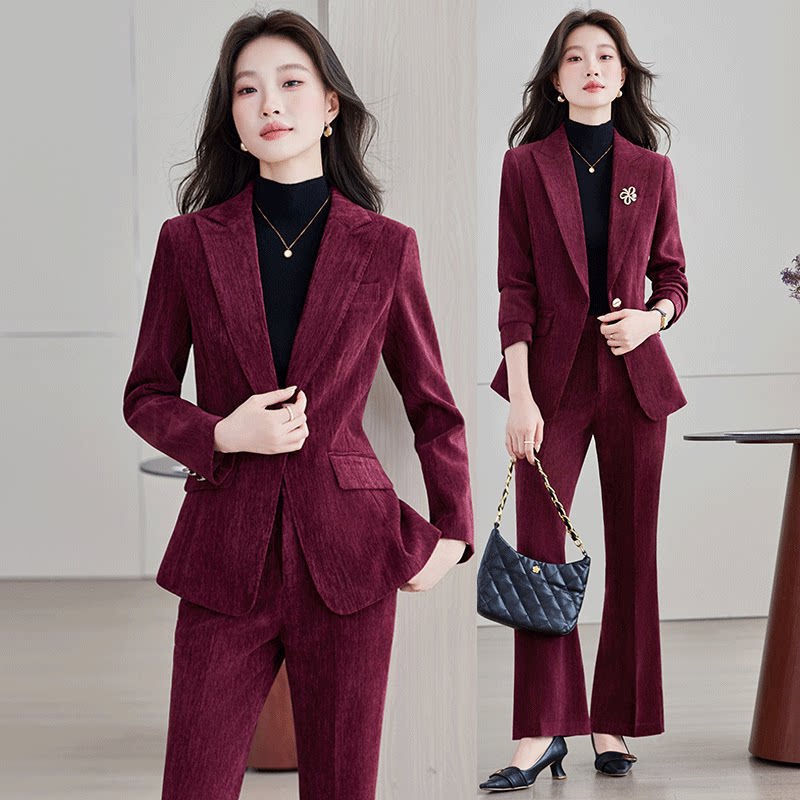 酒红灯芯绒修身微喇西服套装女秋