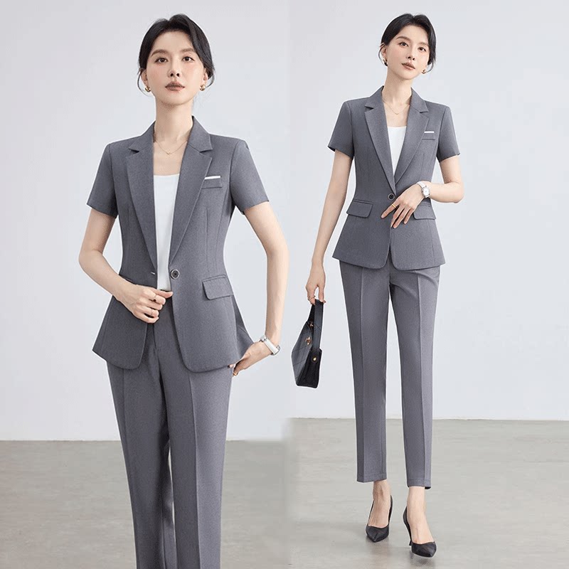 商务风灰色短袖西装套装女夏季薄款修身职业装酒店经理工作服气质