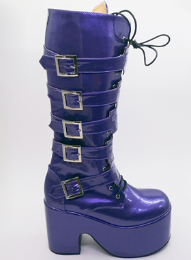 店主实拍厚底马丁靴紫色粗跟底台长筒靴十字架刺绣朋克皮带扣大头