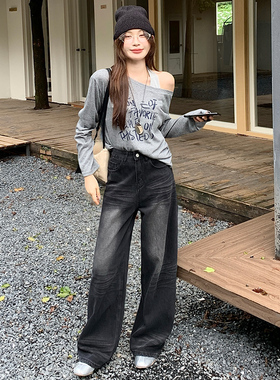 Mike黑灰色牛仔直筒裤女2025夏季新款设计感美式复古阔腿拖地裤