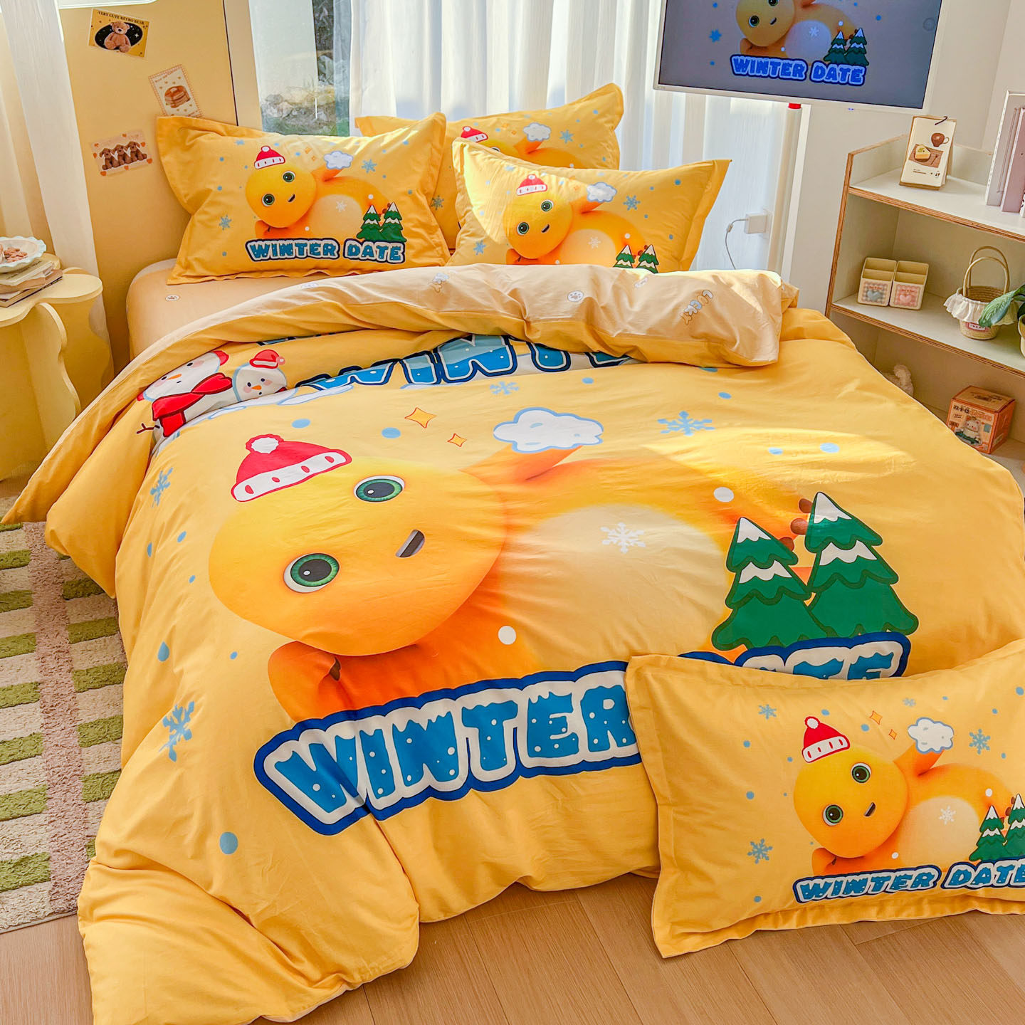 儿童四件套小奶龙男女孩卡通纯棉床单被套宿舍全棉床上用品三件套