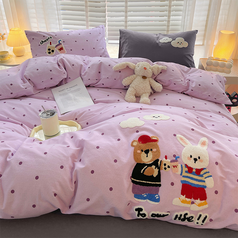 紫色小熊纯棉加厚毛巾绣磨毛四件套全棉卡通被套床单儿童卡通三件