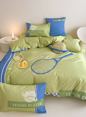 绿色运动系男孩100S长绒棉四件套网球乒乓球被套床单1.8m床上用品