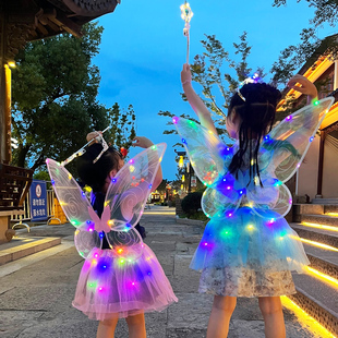 发光精灵翅膀女孩背饰儿童闪光玩具奇妙仙子魔法棒花仙子网纱裙子