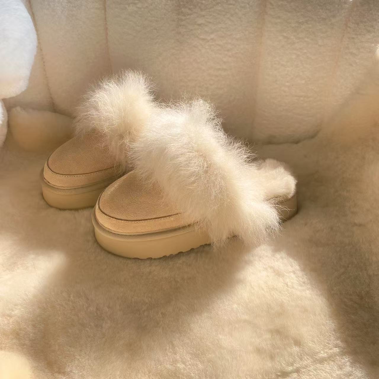 牛皮毛一体包头长毛拖一脚蹬懒人