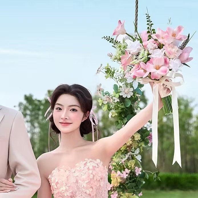 粉色系仿真手捧花森系高级感领证婚纱照摄影道具影楼结婚新娘花束