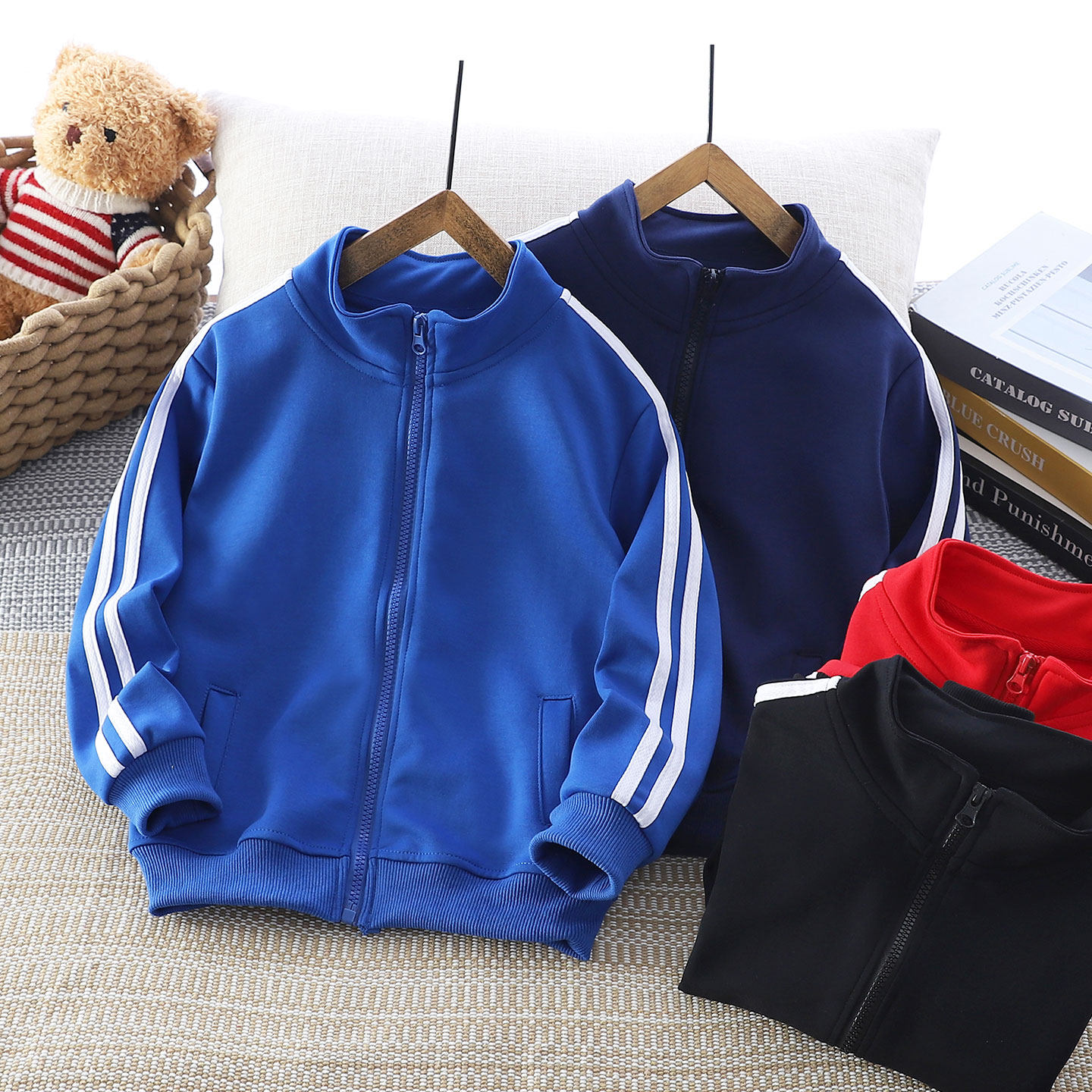 男女儿童装纯色两道杠棉运动服外套春秋拉链开衫中大园班校服上衣
