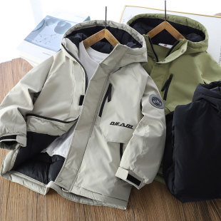 男童三防夹棉加厚冲锋衣外套冬款2025新中大儿童装拉链兜棉服袄潮