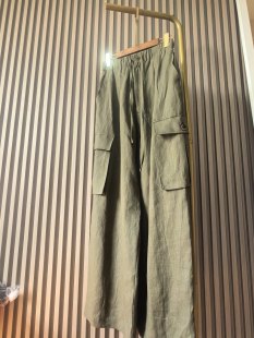 宽松直筒阔腿长裤 军绿色亚麻工装 高腰显瘦休闲裤 新款 子 裤