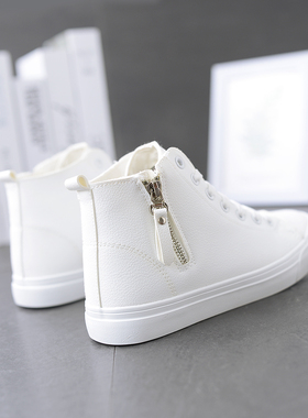 2019新款简约小白鞋防滑保暖高帮鞋冬季韩版百搭拉链皮面女大棉鞋