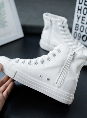 2023年新款休闲帆布鞋内侧拉链前系带透气舒适柔软女鞋高帮小白鞋