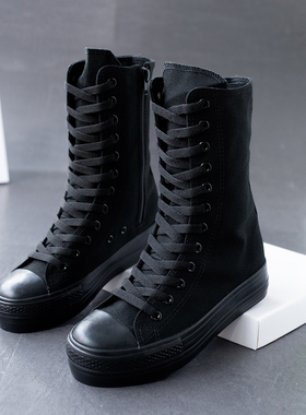 2020秋季新款韩版白色高帮厚底休闲帆布鞋马丁靴百搭拉链街舞鞋