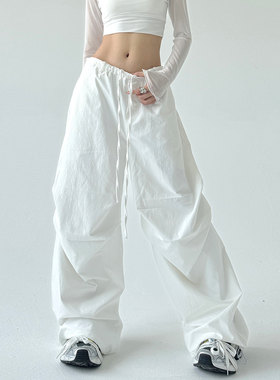 韩舞团白色工装裤女秋季2026新款辣妹高腰宽松休闲运动裤直筒阔腿