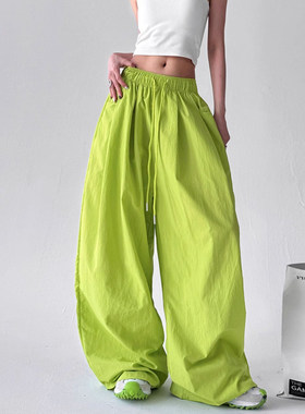 韩舞团绿色速干工装裤女夏季薄款辣妹高腰宽松慵懒风户外直筒阔腿
