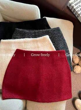 小香风新年红色毛呢半身裙女2026新款高腰显瘦包臀裙时尚a字短裙