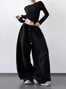 ADRE黑色抽绳阔腿工装裤2026春秋季新款慵懒感口袋卫裤宽松显瘦裤