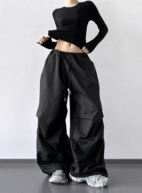 troll黑色街头阔腿工装裤女2026春秋高腰宽松显瘦休闲降落伞裤子.