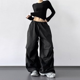 子. 女2026春秋高腰宽松显瘦休闲降落伞裤 troll黑色街头阔腿工装 裤