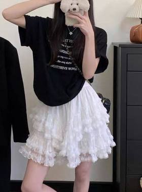 白色辣妹蕾丝网纱蛋糕裙半身裙女夏季高腰防走光短裙a字蓬蓬裙子