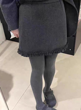 设计感灰色荷叶花边毛呢半身裙女冬季高腰显瘦百搭A字包臀短裙厚