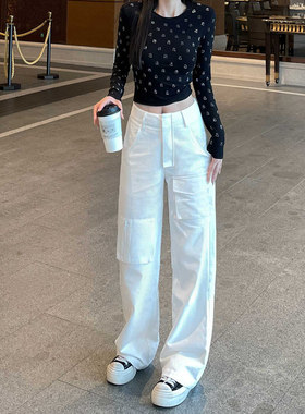 韩舞团白色工装裤女2026春装新款个性辣妹显瘦窄版阔腿裤直筒休闲