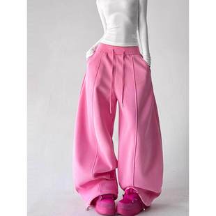 街头高腰宽松休闲运动裤 美式 阔腿 女2026冬季 韩舞团加绒玫粉色卫裤