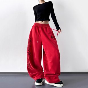 韩舞团秋冬季新款红色卫裤女韩版宽松显瘦爵士舞跳舞裤子刺绣休闲