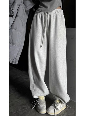 Ade欧货灰色卫裤女加绒加厚宽松显瘦休闲运动裤窄版直筒阔腿裤子