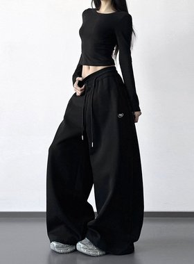 黑色加绒弯刀卫裤女2026冬季新款潮牌宽松休闲运动裤阔腿显瘦裤子
