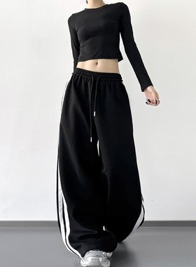 troll黑色街舞工装裤女2026秋季新款高腰显瘦直筒阔腿休闲运动裤.