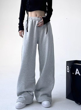 韩舞团灰色卫裤女秋冬加绒高腰街头显瘦裤子宽松运动休闲直筒阔腿