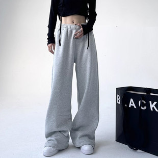 韩舞团灰色卫裤 子宽松运动休闲直筒阔腿 女秋冬加绒高腰街头显瘦裤