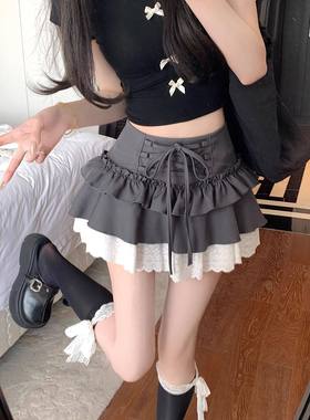 灰色系带a字半身裙女夏季花边蛋糕裙高腰显瘦防走光蓬蓬百搭短裙