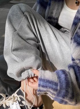 韩舞团灰色卫裤女秋季裤子街头高腰宽松显瘦直筒阔腿休闲运动束脚