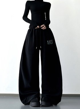 黑色辣妹印花毛毛裤女2026冬季新款宽松跳舞阔腿裤摇粒绒休闲裤子