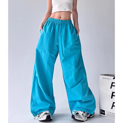 韩舞团美式工装裤女夏季薄款辣妹高腰宽松褶皱休闲裤阔腿速干运动